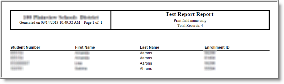 screenshot of an example of a printed report