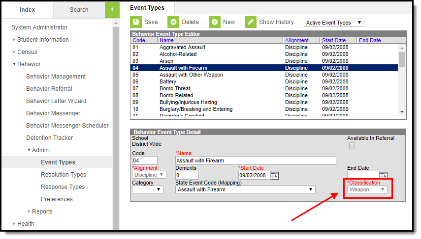 Screenshot of the Behavior Event Type Detail Editor highlighting the Classification field.