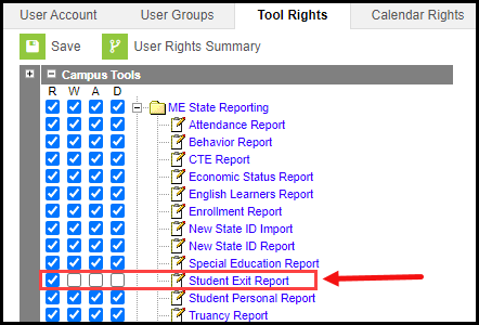 Screenshot of the Tool Rights Editor highlighting the Student Exit Report section.