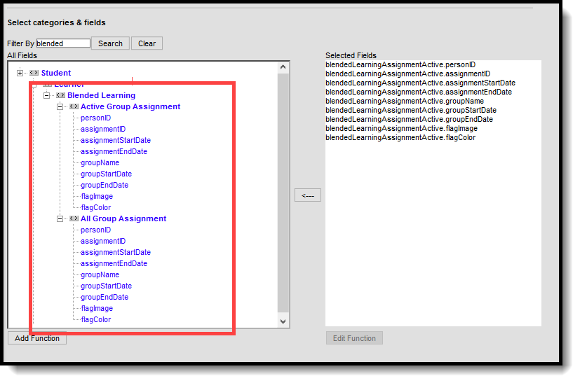 Screenshot of Blended Learning fields in Ad hoc Reporting