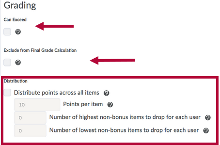 Indicates Can Exceed checkbox and Exclude from Final Grade Calculation checkbox. Identifies Points Distribution options.