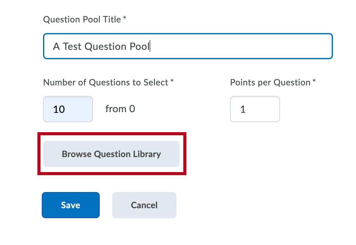 Shows Question Pool fields and Identifies Browse Question Library button