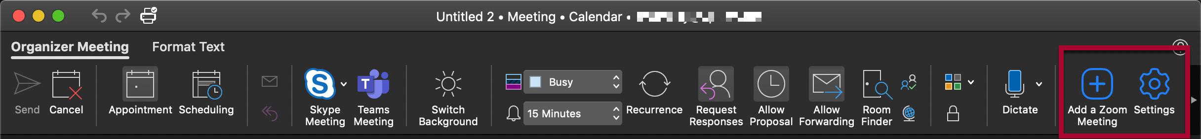 The Zoom add-in icons in the Mac Outlook top menubar, highlighted with a red box