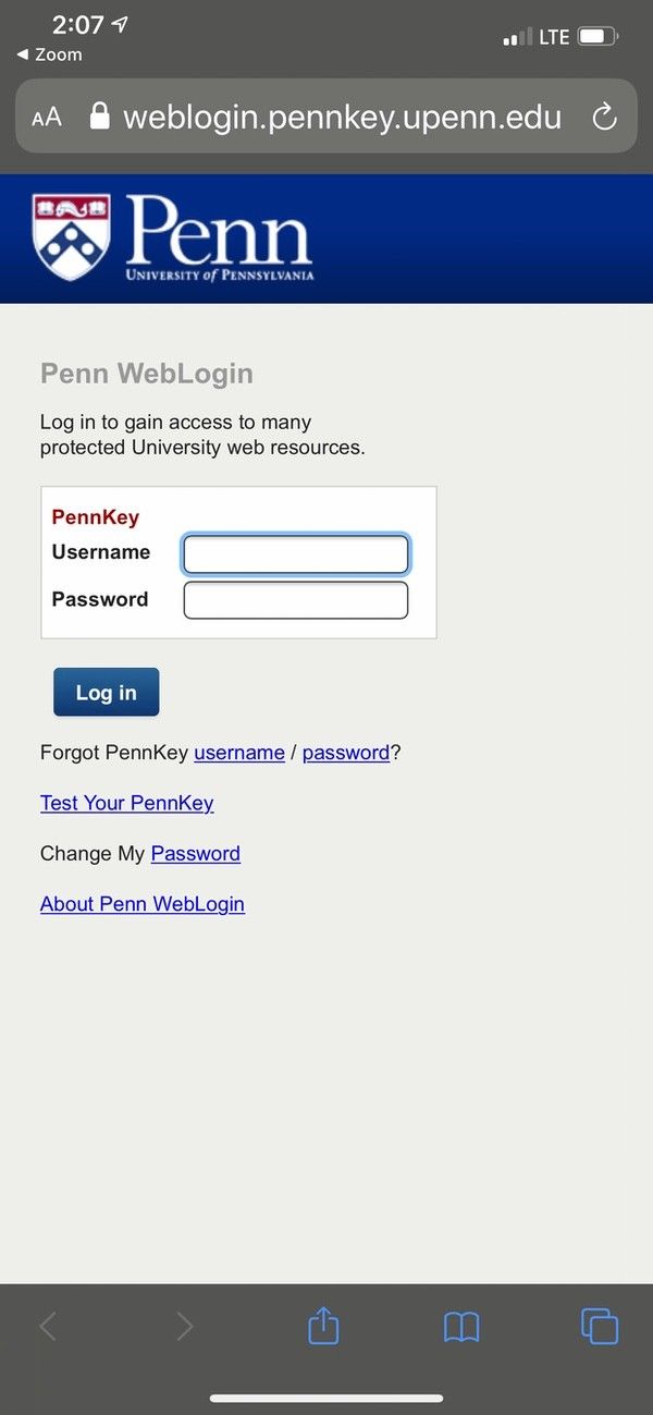 Zoom app PennKey login page
