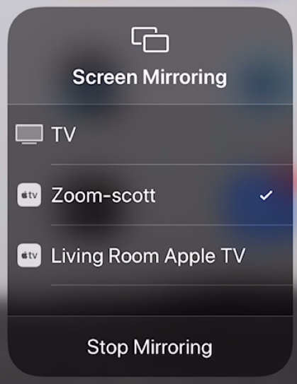 Screen Mirroring screen, with options: TV, Zoom-scott, Living Room Apple TV. Stop Mirroring is at the bottom.
