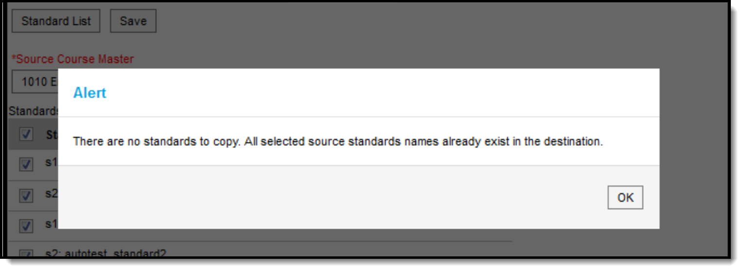 Screenshot of the alert that displays when there are no standards to copy. 