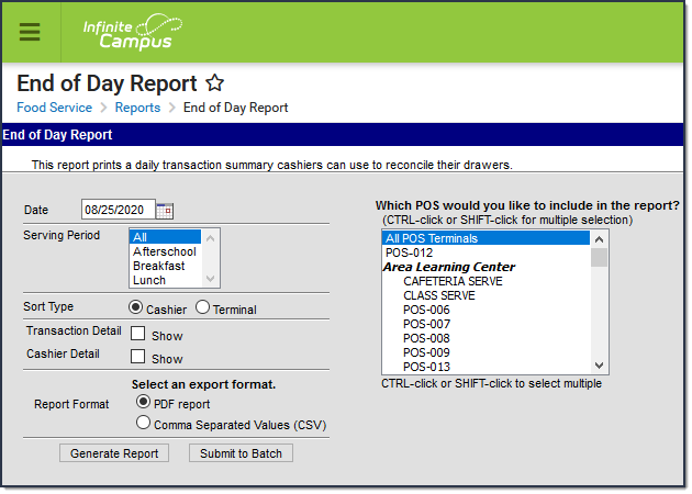 Screenshot of the End of Day Report Editor.