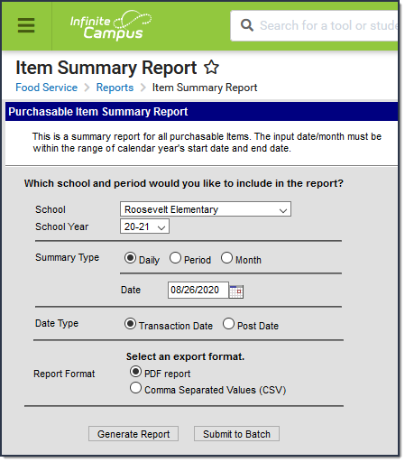 Screenshot of the Item Summary Report Editor