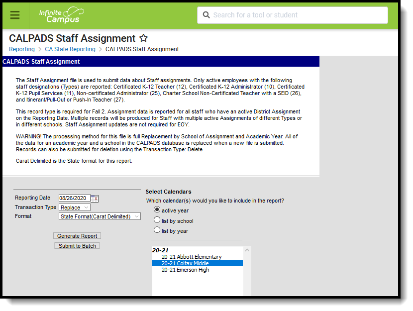 Screenshot of the CALPADS staff assignment extract editor. 