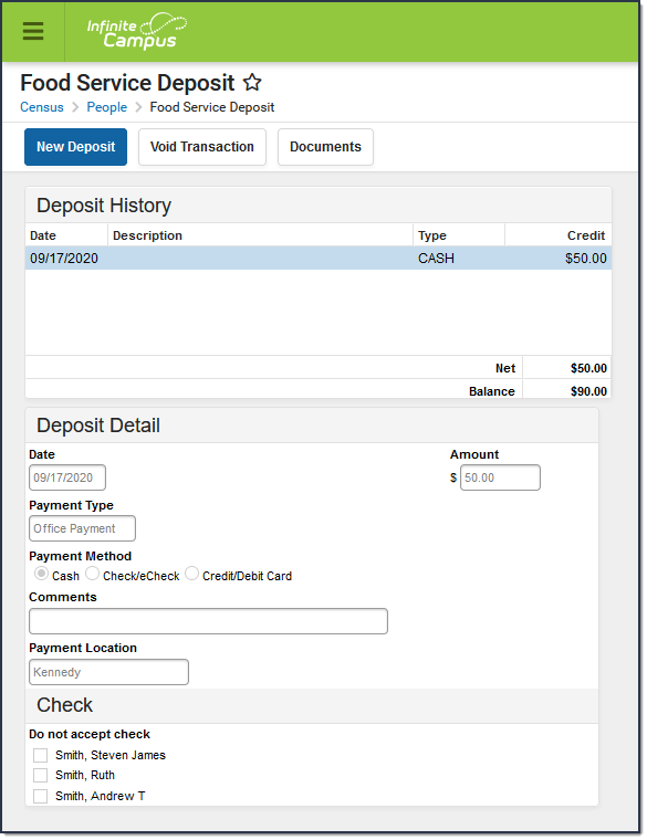 Screenshot of the Food Service Deposit tool. The Deposit Detail section displays when a record is selected.
