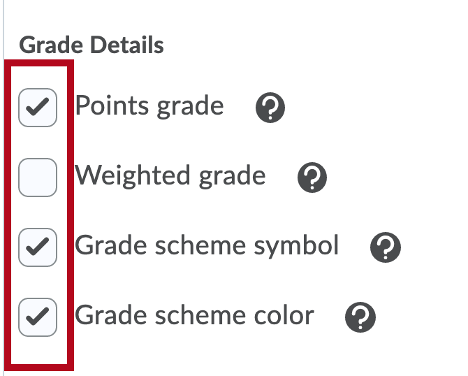 Identifies Grade Details options