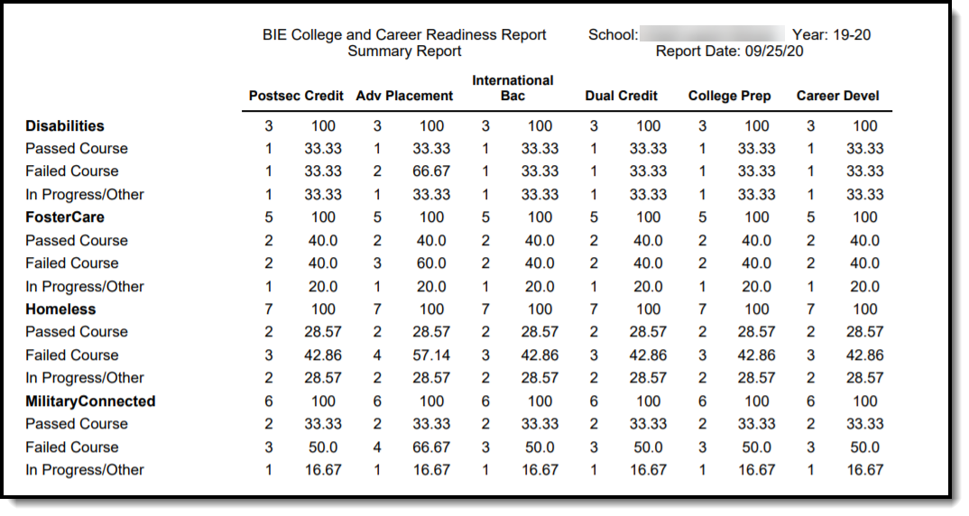Screnshot of an example College and Career Readiness Report in PDF format.