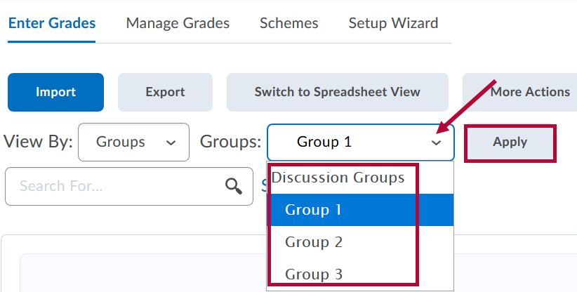 View By Groups choice indicated withs Groups and Apply identified.