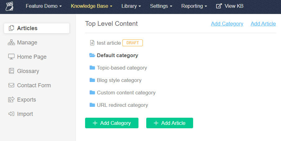 Screenshot of the KnowledgeOwl Articles page, with a new draft article at the top of the content list