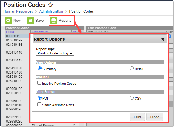 Screenshot highlighting the Reports tool and the report options window that displays for the Report Type of Position Code Listing.
