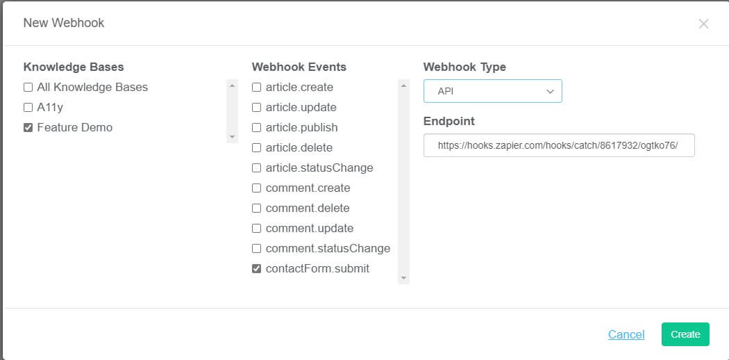 Screenshot of KnowledgeOwl's New Webhook modal, with the following options selected: contactForm.submit as the webhook event, API as the webhook type.