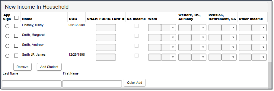 Screenshot of the New Income in Household Section of the Household Application tool.