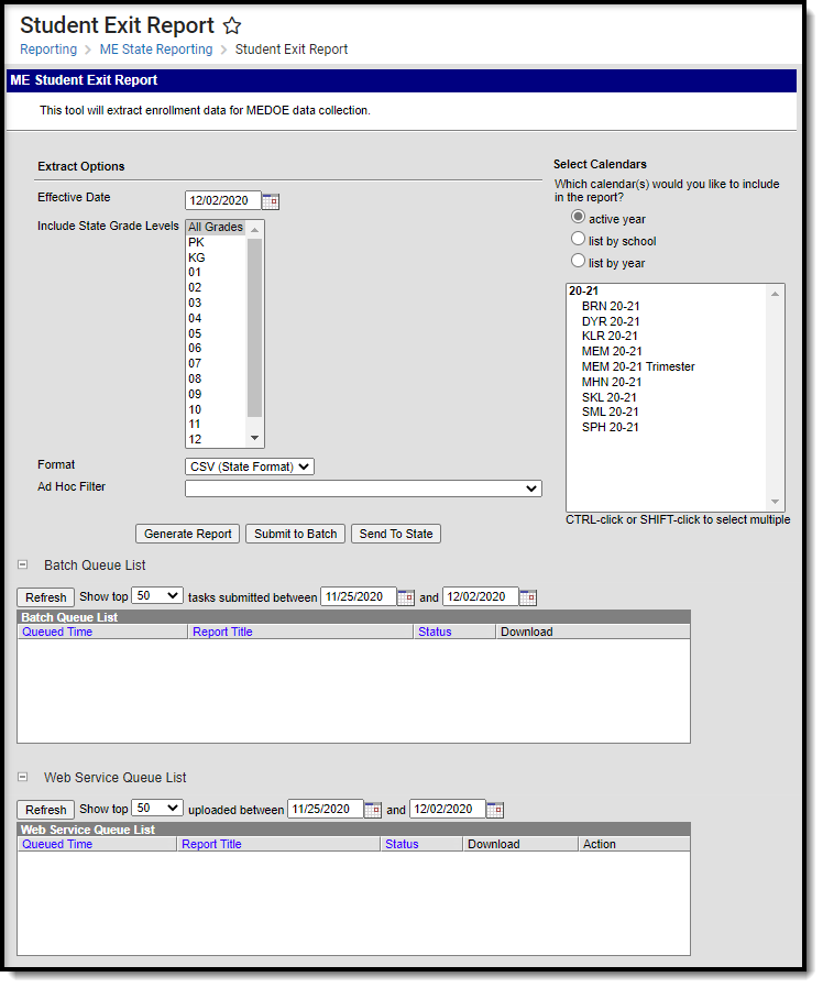 Screenshot of the Maine Student Exit Report editor. 