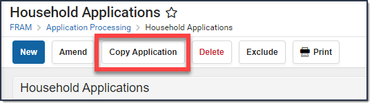 Screenshot of the Household Applications tool, with the Copy Application button called out.