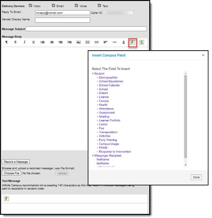 Screenshot of Message Builder Campus Fields Selection