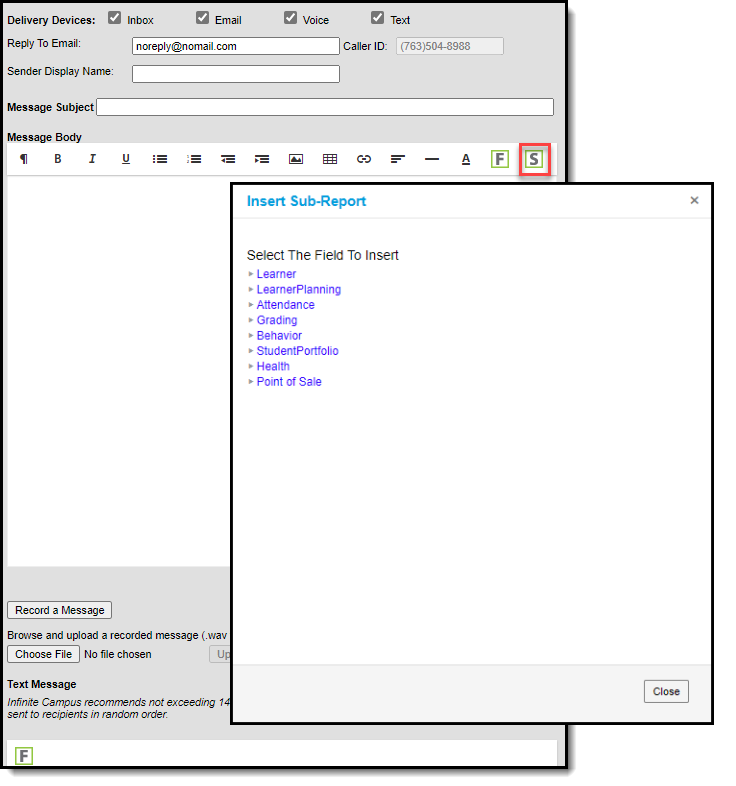 Screenshot of Message Builder Campus Sub-Report Field Selection
