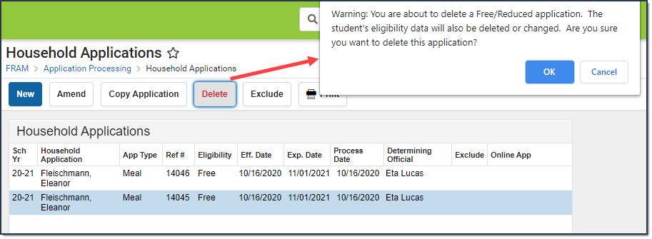 Screenshot of an application selected on the Household Applications tool. The Delete button is selected and the warning confirmation pop-up displays..