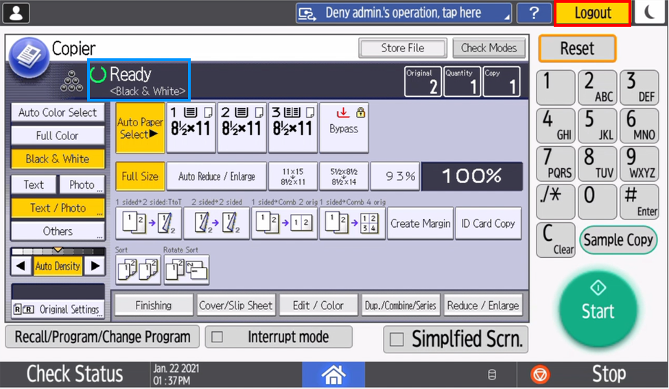 The copier interface with the yellow 