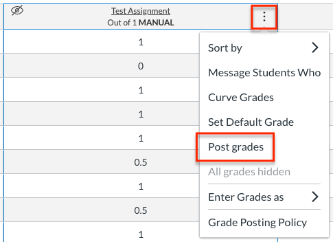 assignment option menu with post grades called out