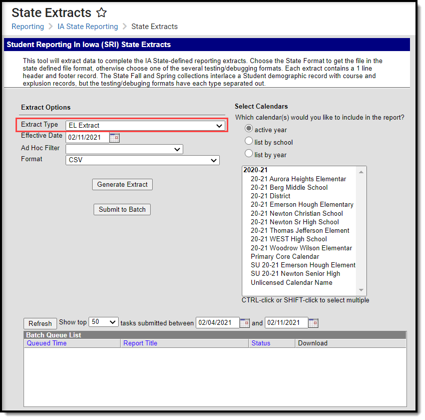 Screenshot of available options for generating EL Extract..