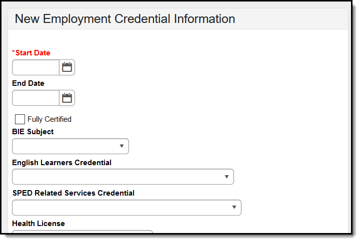 Screenshot of the Employment Credential Information Editor.