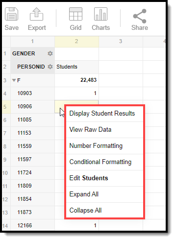 screenshot of the options available when right clicking a column