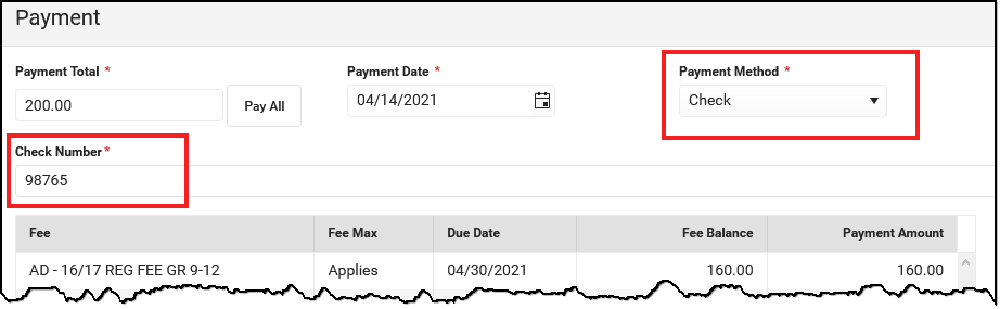 Screenshot of Payment window when the Payment Method is Check. The Payment Method and Check Number fields are highlighted.