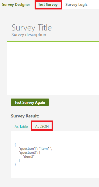 screenshot of using the As JSON tab within survey result options
