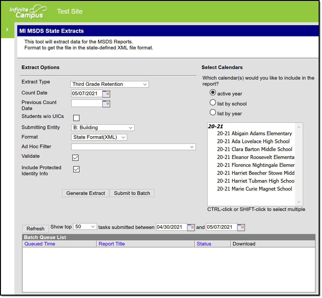 Screenshot of the MSDS third grade retention extract editor.  