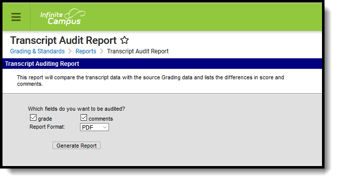 Screenshot of the Transcript Audit Report editor.