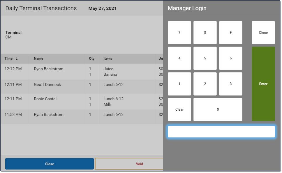 Screenshot of the manager login display