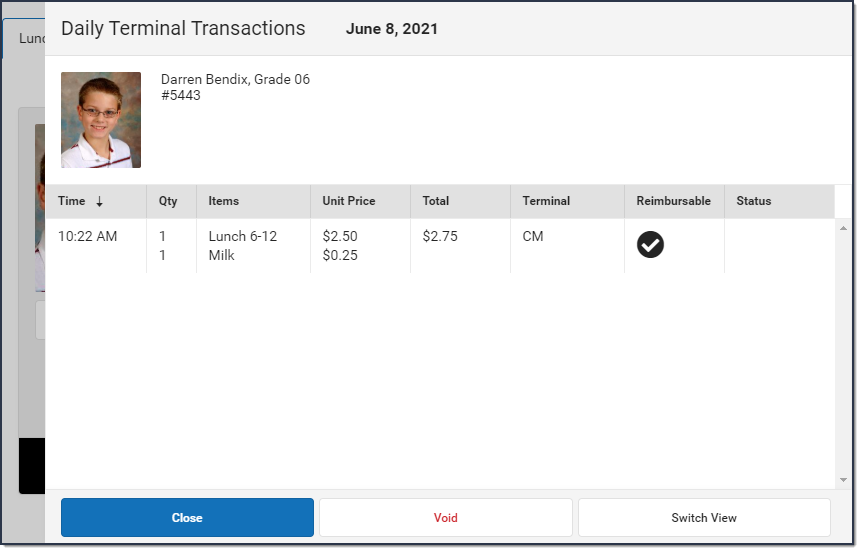 Screenshot of daily transactions
