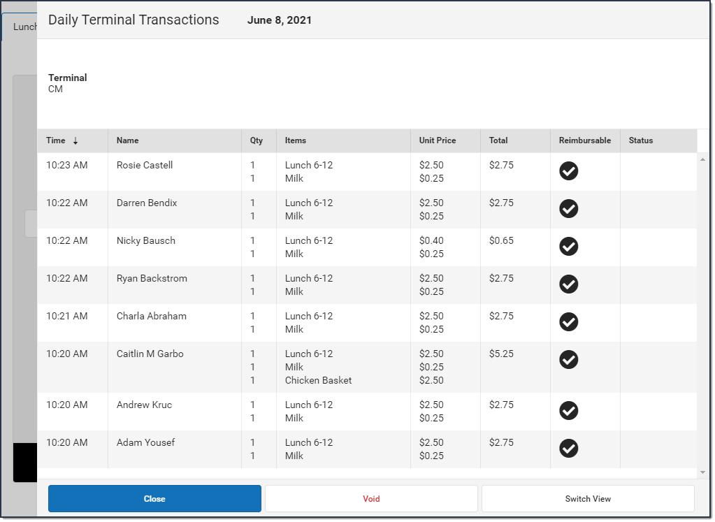 Screenshot of all daily transactions