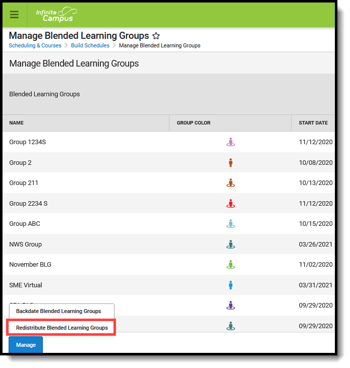Screenshot of the Redistribute Blended Learning Groups button.