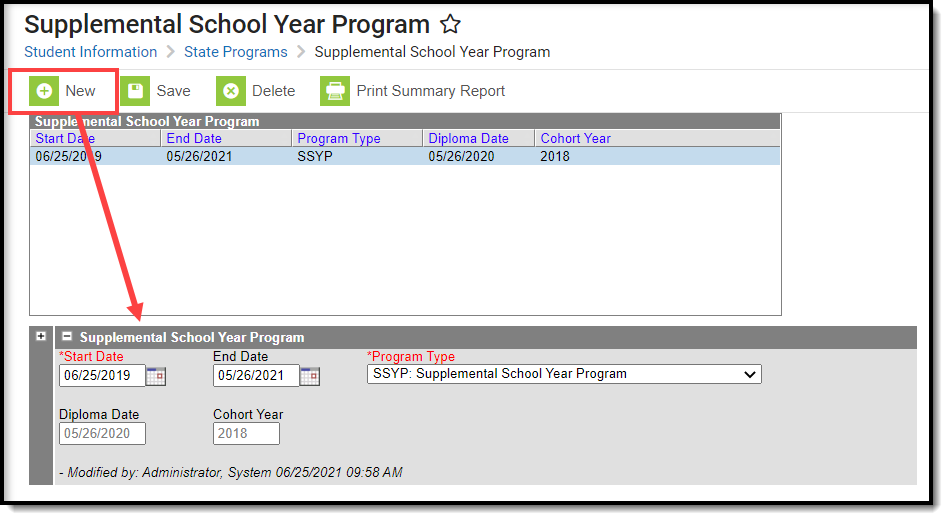 Screenshot of the Supplemental School Year Program tool for an individual student demonstrating the user clicking the New button along the top to begin creating a new record. 