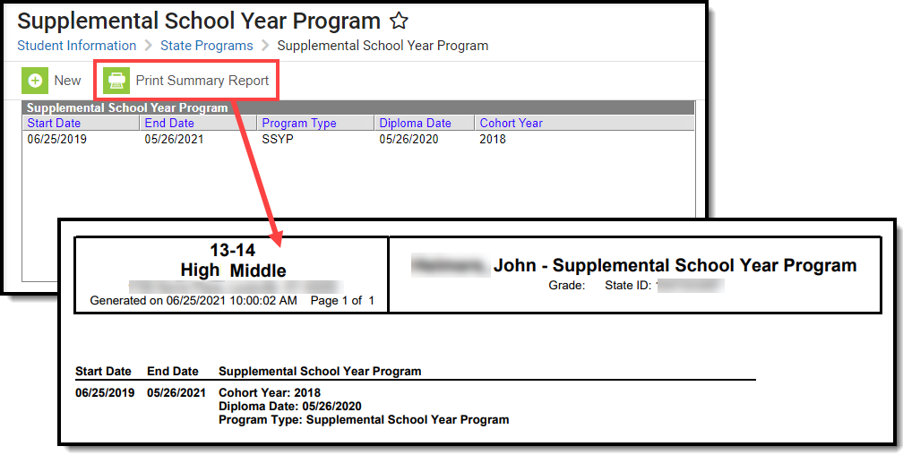 Two-part screenshot highlighting the Print Summary Report option from the Supplemental School Year Program tool along with a PDF summary report of a student’s supplemental school year program.