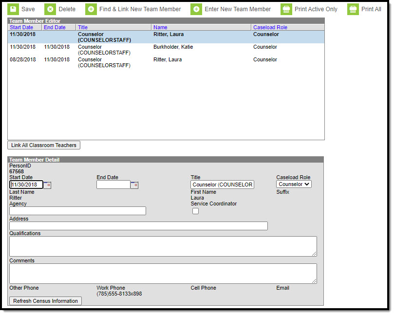 Screenshot of the Counseling Team Members tool with the Team Member detail fields at the bottom of the image.