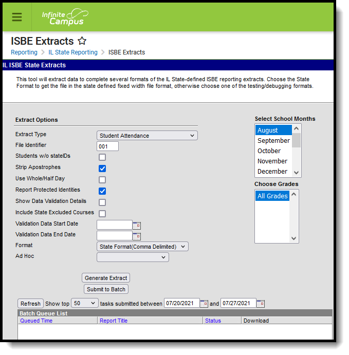 Screenshot of the ISBE Student Attendance extract editor.  