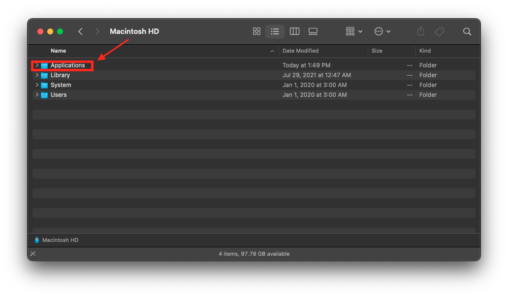 Mac Hard Drive with Applications Folder circled.