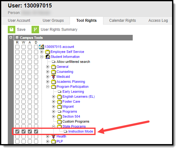 Screenshot of the Tool Rights tool, highlighting the Instruction Mode rights.