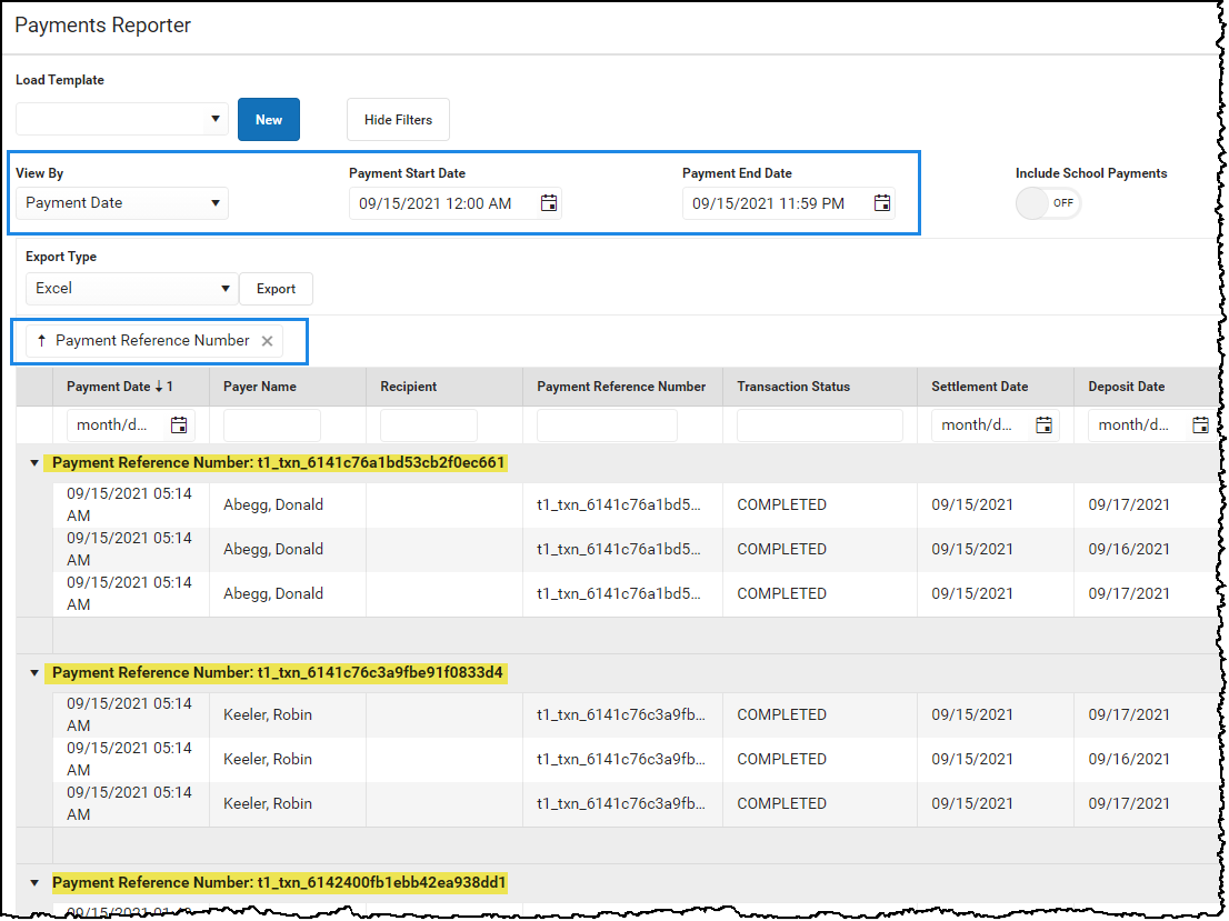 Screenshot of options used in the Payments Reporter to group deposits by Payment Reference number for a single day.