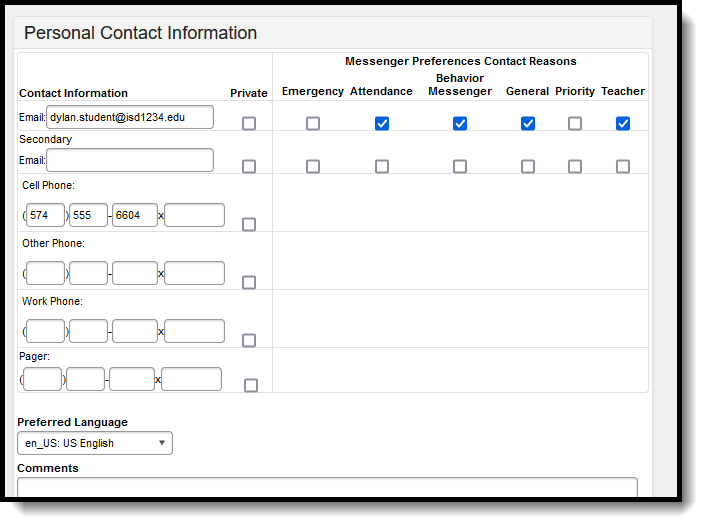 Screenshot of the Personal Contact Information editor