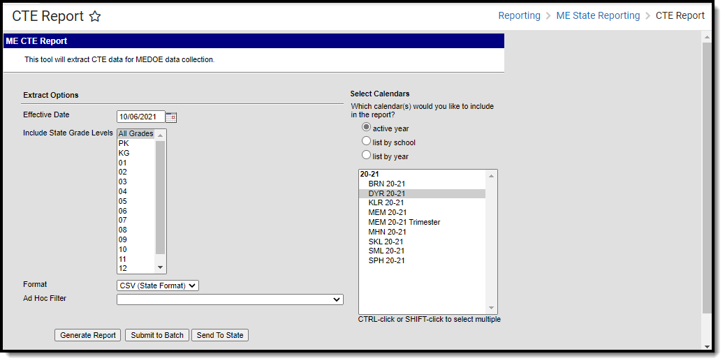 Screenshot of the Maine CTE Report editor. 