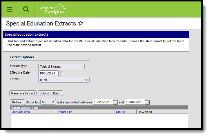 Screenshot of the Special Education Table 2 Extract Extract editor.