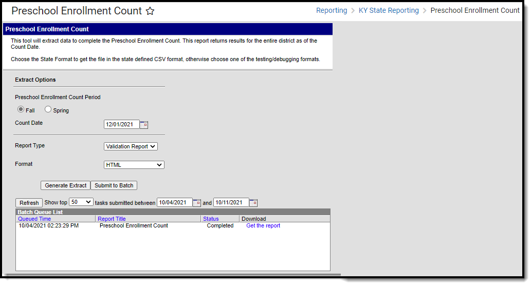 Screenshot of the Preschool Enrollment Count report editor. 